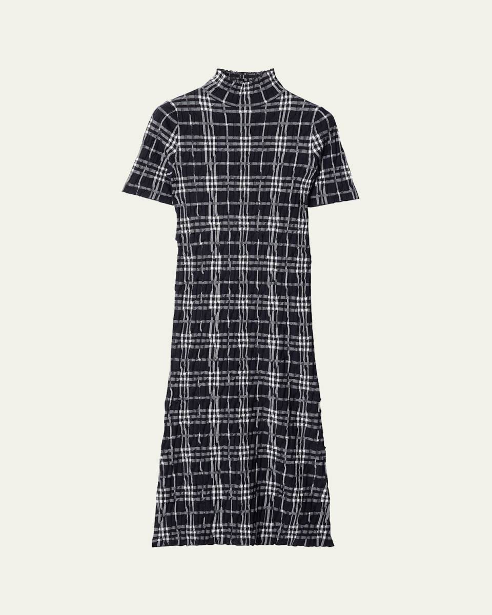 Check Short-Sleeve Crinkle Midi Dress